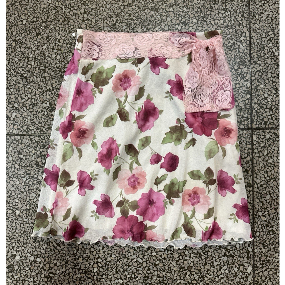Vintage 90s Y2K Floral Print Skirt Pink Lace Stretchy Lettuce Hem Preppy S